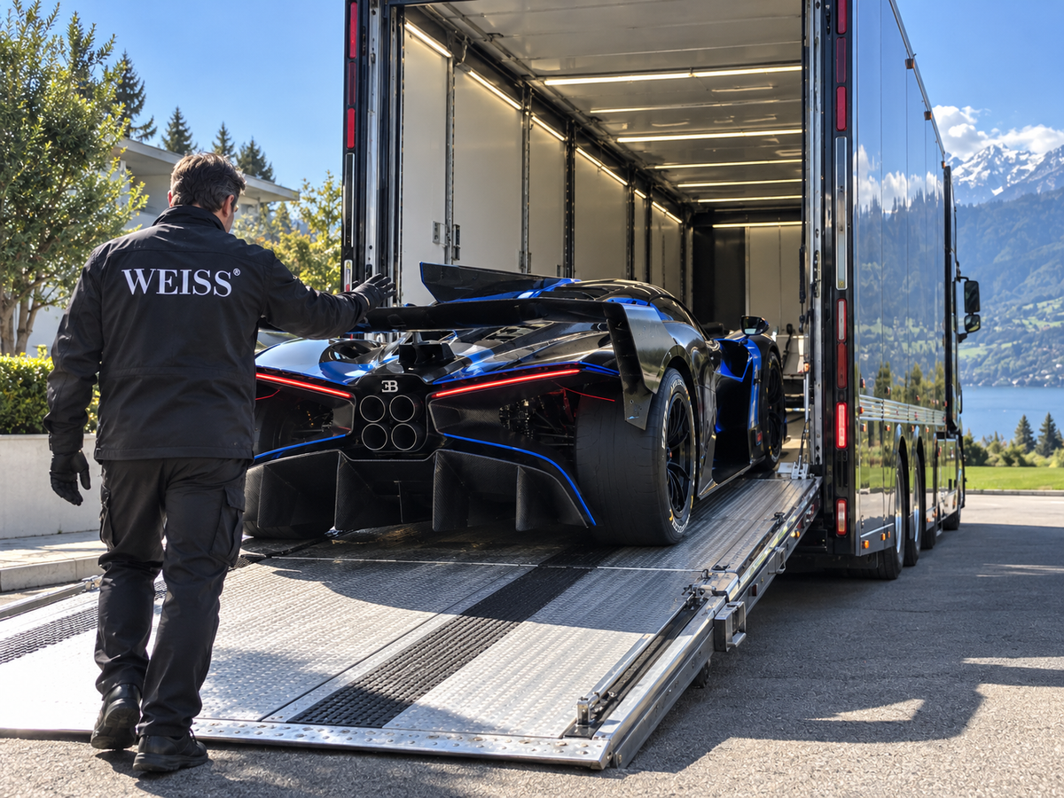 Sportwagen vor dem geöffneten Heck eines geschlossenen Fahrzeugtransporters bei Nacht