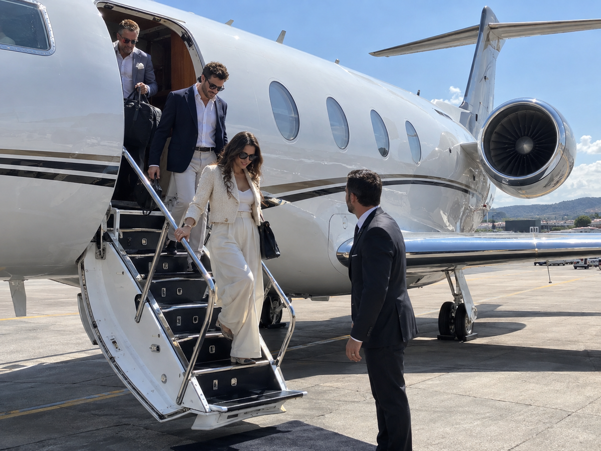 Geöffnete Kabinentür eines Businessjets bei Nacht