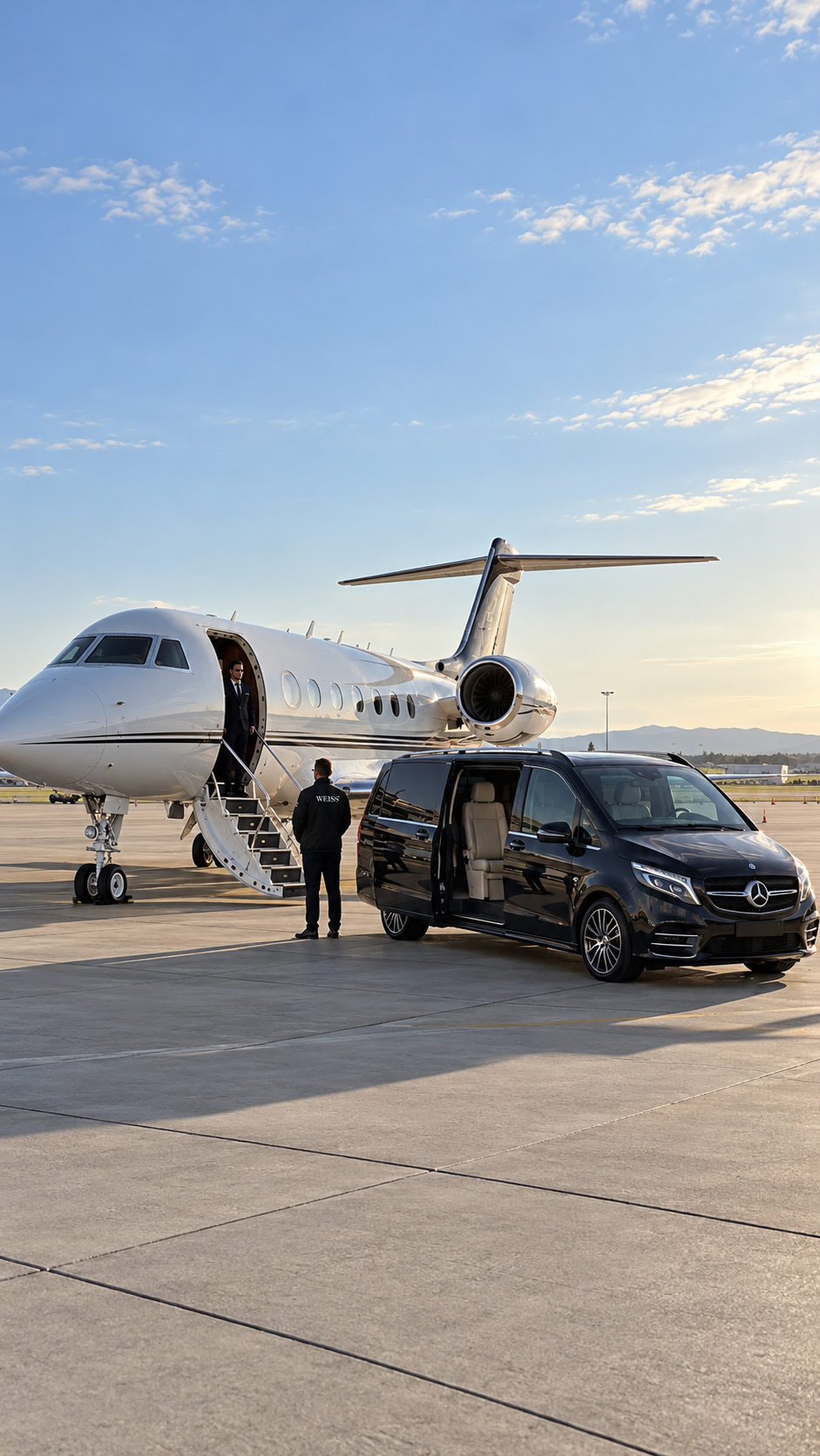 Businessjet auf dem Vorfeld mit wartender Chauffeur-Limousine zur blauen Stunde